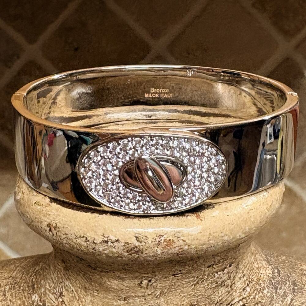 Bronze Italia Milor Silver Tone Double Hinged Bangle Bracelet CZ's Twist Closure